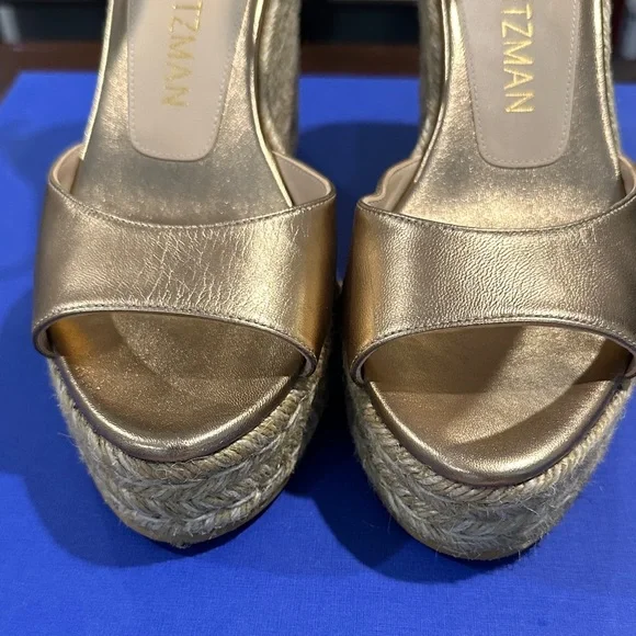 Stuart Weitzman Nudist Curve Espadrille Metallic Gold Wedge Sandals - Picture 6 of 9